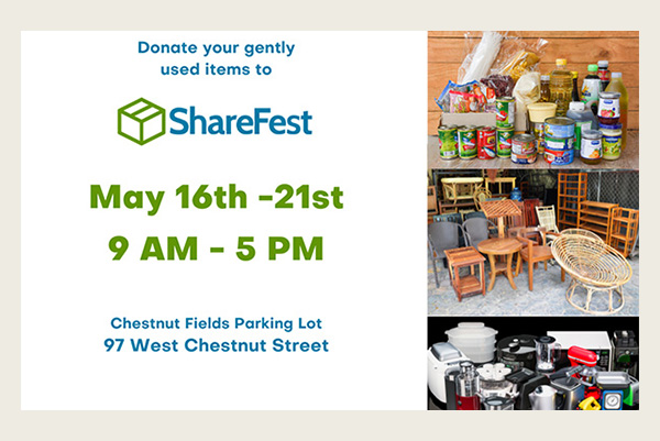 Sharefest May 16-21 ( am-5 pm and three images showing a group of cans of food; a group of furniture; and a group of household plasticware